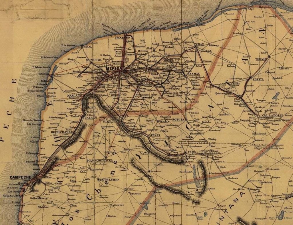 “Mapa de la península de Yucatán comprendiendo los estados de Yucatán, Campeche y el territorio de Quintana Roo” (Detalle). 1907. Medidas aproximadas: 131 x 91 cm. Código Clasificador: CGF.YUC.M24.V2.1609. Mapoteca Orozco y Berra. Disponible en: https://mapoteca.siap.gob.mx/index.php/cgf-yuc-m24-v2-1609/