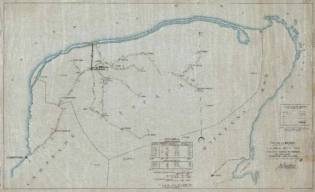 Plano que muestra esquemáticamente los edificios de las estaciones, con anotación del material del que están construidos. Ferrocarriles Unidos de Yucatán. 28 de marzo de 1931. Escala: 1:500000. Fondo Ferrocarriles Naciones de México. Sección Cartas. CEDIF, CNPPCF, Secretaría de Cultura.