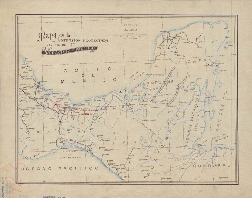 Mapa de la extensión proyectada del F.C. de Veracruz-Pacífico. Ca. 1910. Fondo Ferrocarriles Nacionales de México. Sección Cartas. CEDIF, CNPPCF, Secretaría de Cultura.
