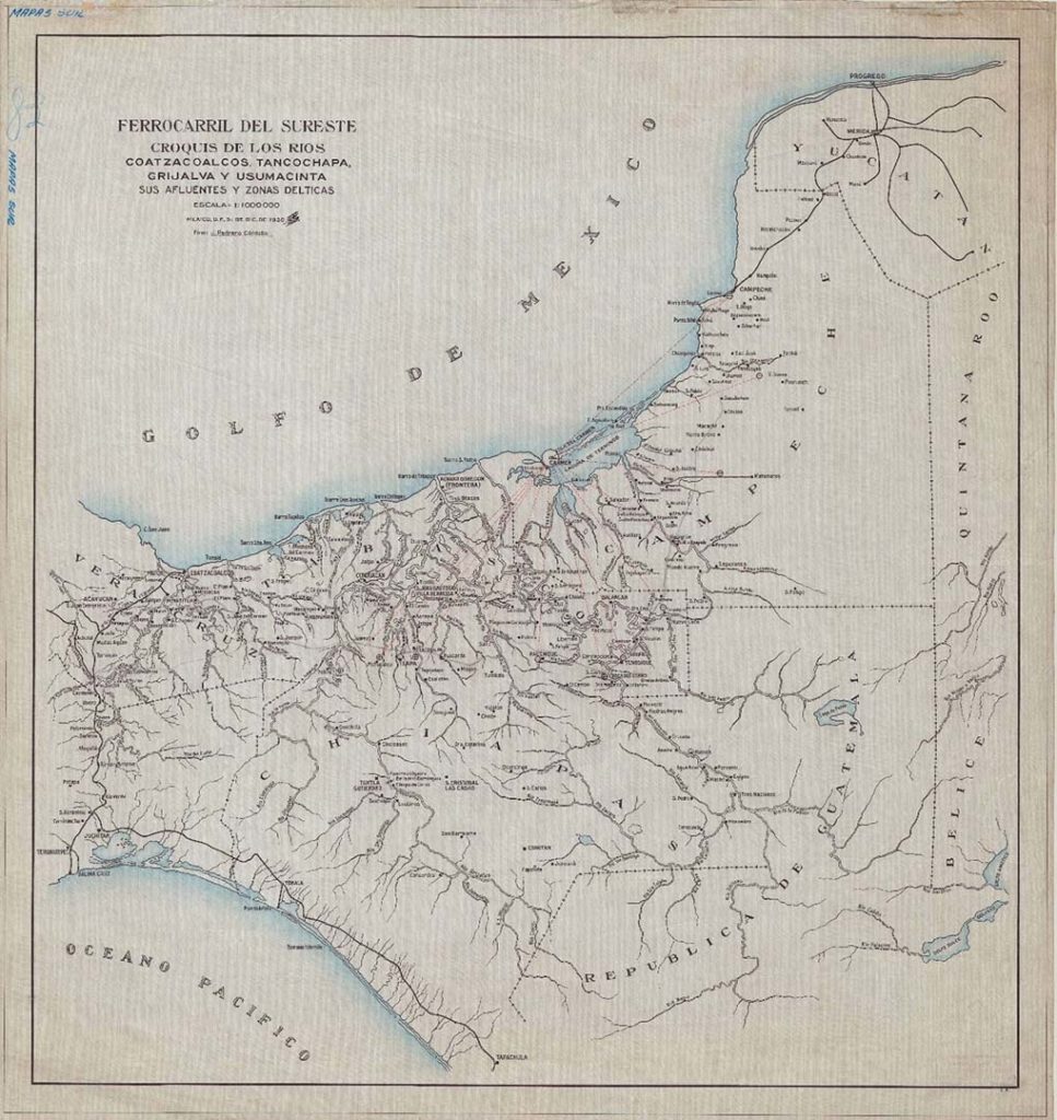 Ferrocarril del Sureste. Croquis de los ríos Coatzacoalcos, Tancochapa, Grijalva y Usumacinta, sus afluentes y zonas delticas. 31 de diciembre de 1935. Fondo Ferrocarriles Nacionales de México. Sección Cartas. CEDIF, CNPPCF, Secretaría de Cultura.