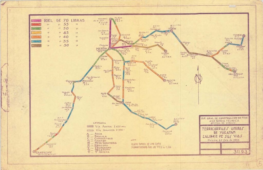 Ferrocarriles Unidos de Yucatán. Calibre de sus vías. Febrero de 1953. Dirección de Construcción de Ferrocarriles. Fondo Ferrocarriles Nacionales de México. Sección Cartas. CEDIF, CNPPCF, Secretaría de Cultura.