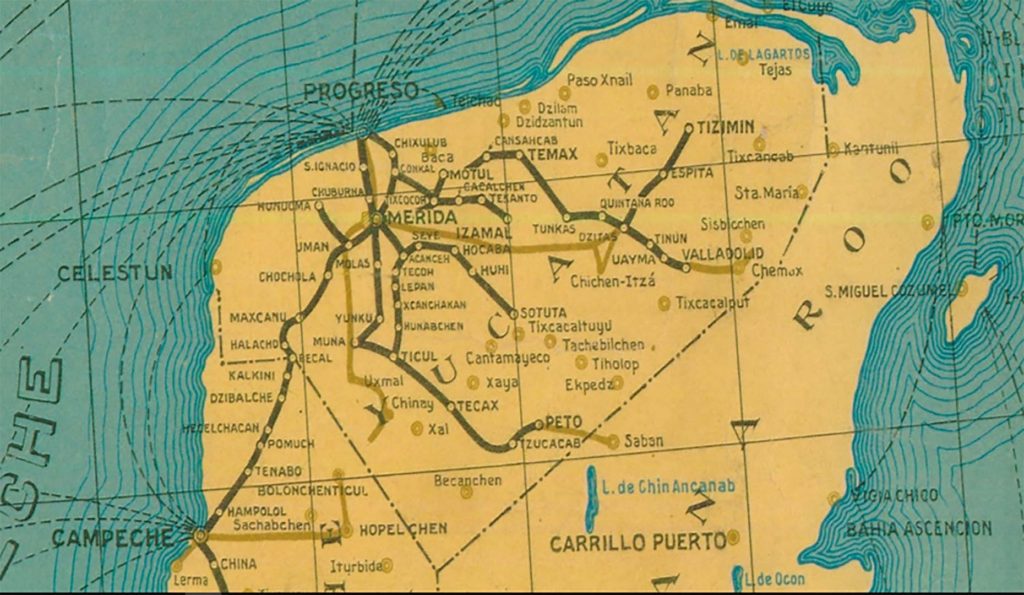 Fragmento del mapa de la red ferroviaria en México, elaborado por Ferrocarriles Nacionales de México, 1945.