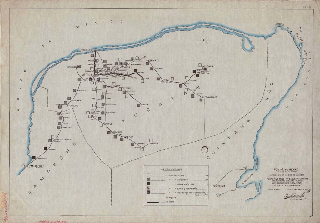 Plano mostrando la distribución del riel, según su peso en libras por yarda. Ferrocarriles Unidos de Yucatán. 11 de marzo de 1931. Escala: 1:500000. Fondo Ferrocarriles Naciones de México. Sección Cartas. CEDIF, CNPPCF, Secretaría de Cultura.