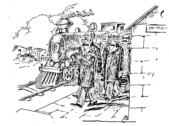 Caricatura de Porfirio Díaz y su séquito en el arribo a Oaxaca con motivo de la inauguración del Ferrocarril Mexicano del Sur.