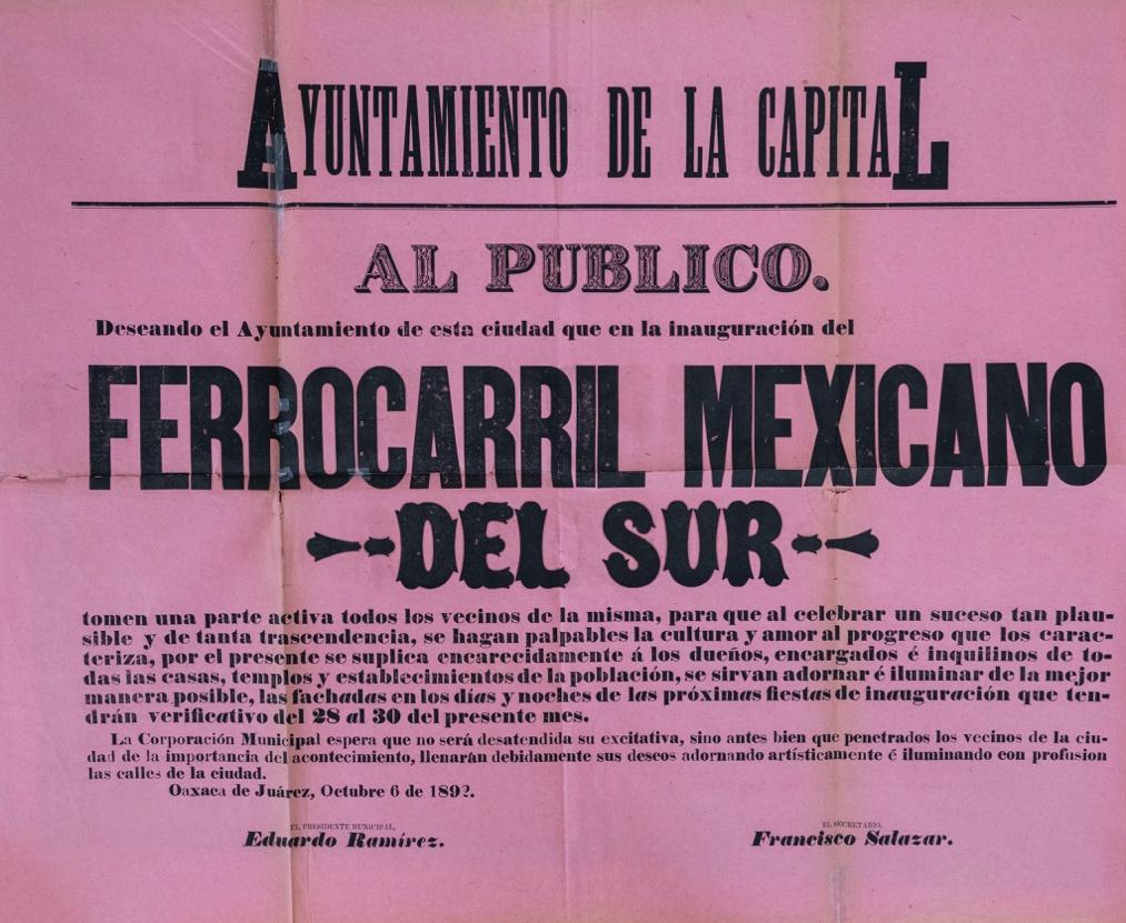 Cartel publicado para recibir el Ferrocarril Mexicano del Sur, 6 de octubre de 1892.