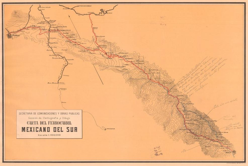 Carta del Ferrocarril Mexicano del Sur, 1910. Recorrido desde la ciudad de Puebla, pasando por los distintos pueblos y ciudades hasta llegar a la de Oaxaca.