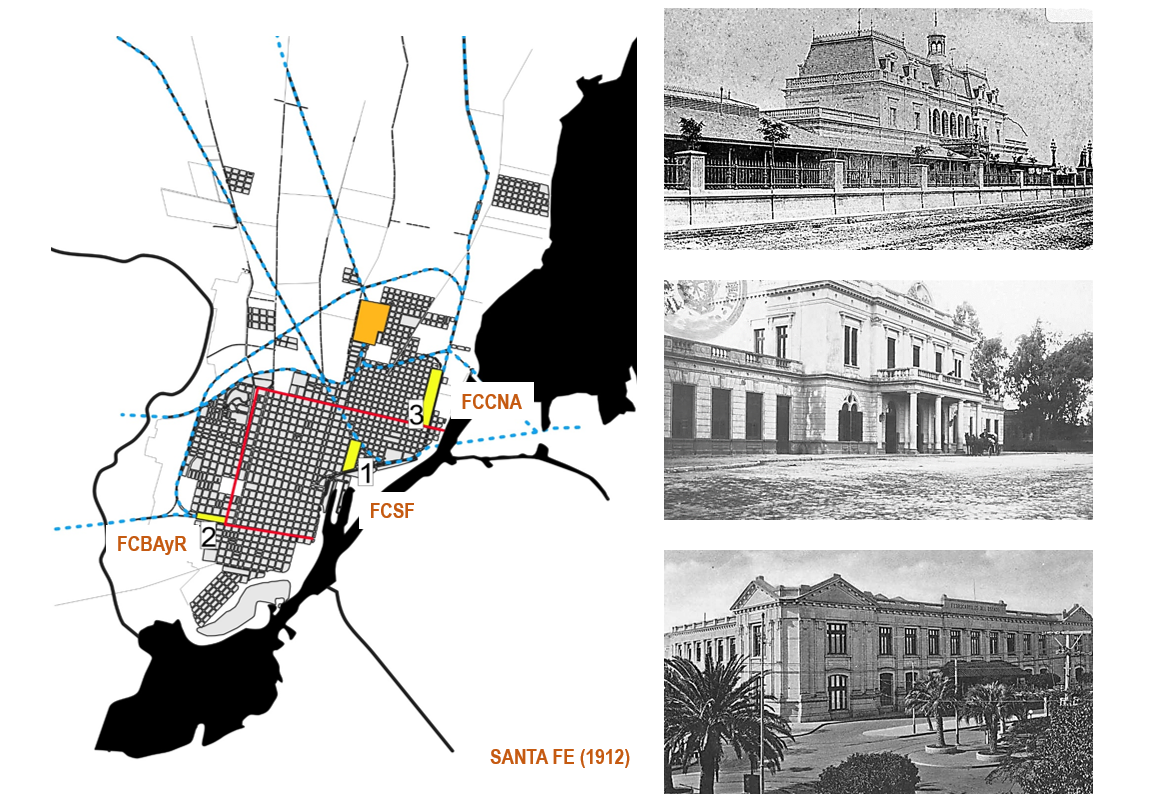 Imagen 1. Plano de la ciudad de Santa Fe en el que se señala la ubicación de las estaciones de ferrocarril, 1912.