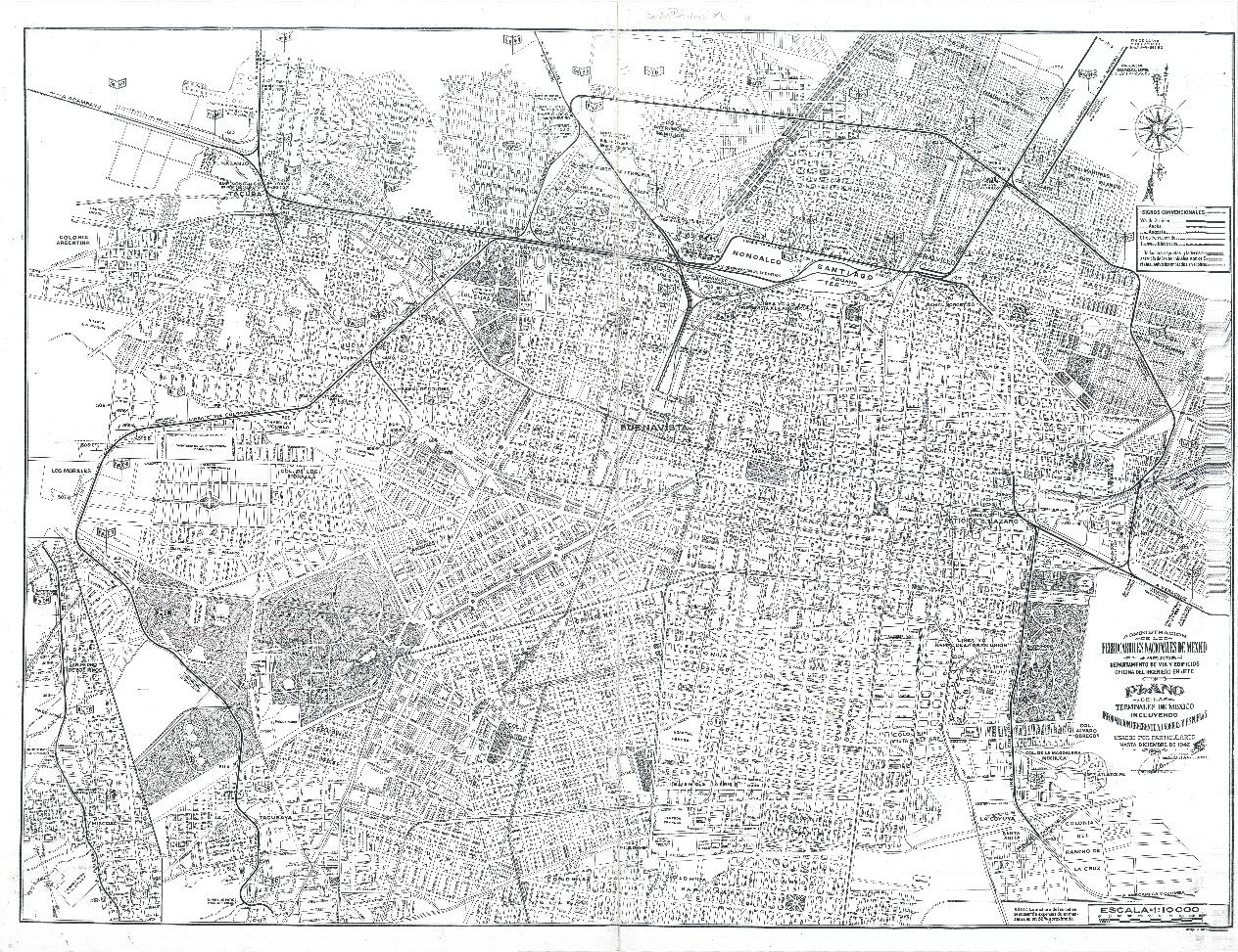 Plano de las terminales de México incluyendo información referente a laderos y espuelas usados por particulares hasta diciembre de 1942. Marzo de 1943. Escala: 1: 10000. Fondo: Ferrocarriles Nacionales de México. Sección: Obras. Secretaría de Cultura/CNPPCF/CEDIF. N°370. 