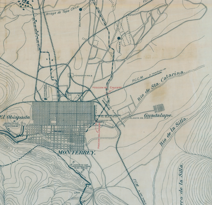 Compañía de Servicio de Agua y Drenaje de Monterrey S.A. Plano de los cruceros del Ferrocarril Central Mexicano a la Fundición No. 2 y el Ramal a Tampico con la cloaca desembocadora. Sin fecha. Fondo: Ferrocarriles Nacionales de México. Sección: Patíos y líneas. Secretaría de Cultura, CNPPCF, Cedif.