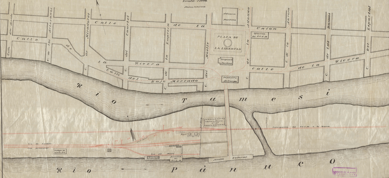 Ferrocarril Central Mexicano. División de Tampico. Plano de la Estación, Edificios y Muelles en Tampico. 21 de julio de 1891. Escala 1:1000.  Fondo Ferrocarriles Nacionales de México. Sección Patíos y Líneas. Secretaría de Cultura, CNPPCF, Cedif.