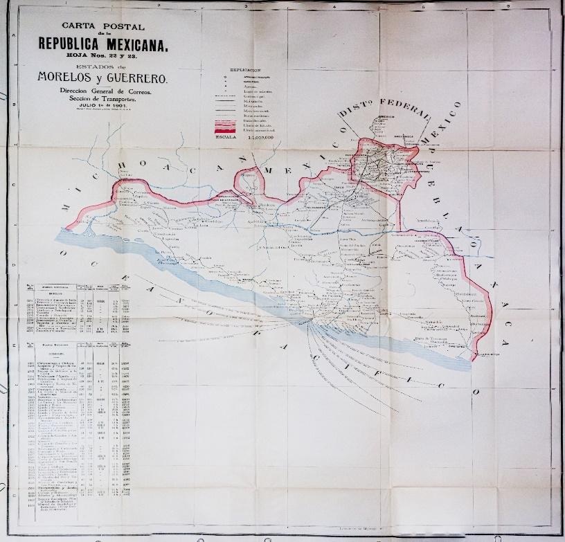 Carta postal de los Estados de Morelos y Guerrero, 1901. En ella se observan las vías férreas construidas por las empresas de los Ferrocarriles Interoceánico y México, Cuernavaca y Pacífico.