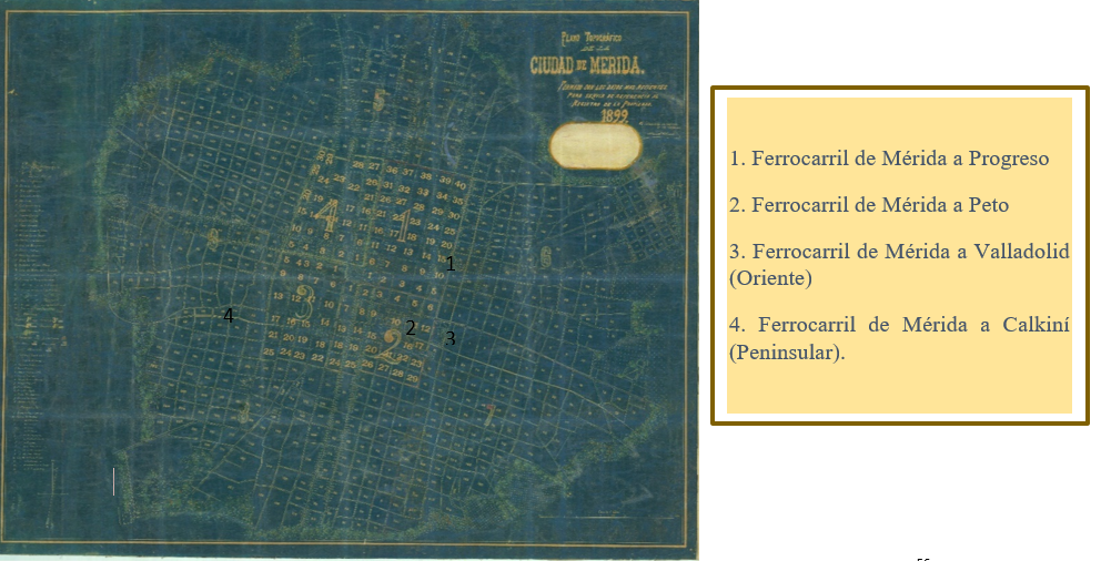 Imagen 1. Plano de la ciudad de Mérida en el que se señala la ubicación de las estaciones de ferrocarril, 1899.