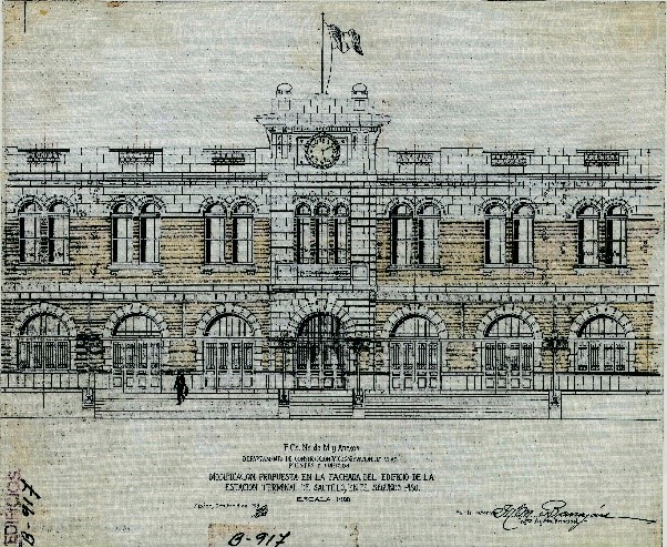 Propuesta en la Fachada del Edificio de la Estación Terminal de Saltillo. México, octubre 8 de 1919. Fondo Edificios N°826-C. Secretaría de Cultura, CNPPCF, Cedif.