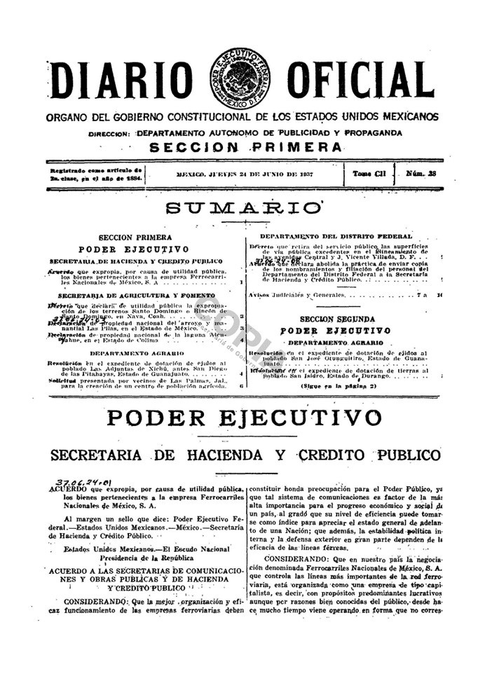 Anuncio de la expropiación de los bienes de FNM. DOF, 24 de junio de 1937.