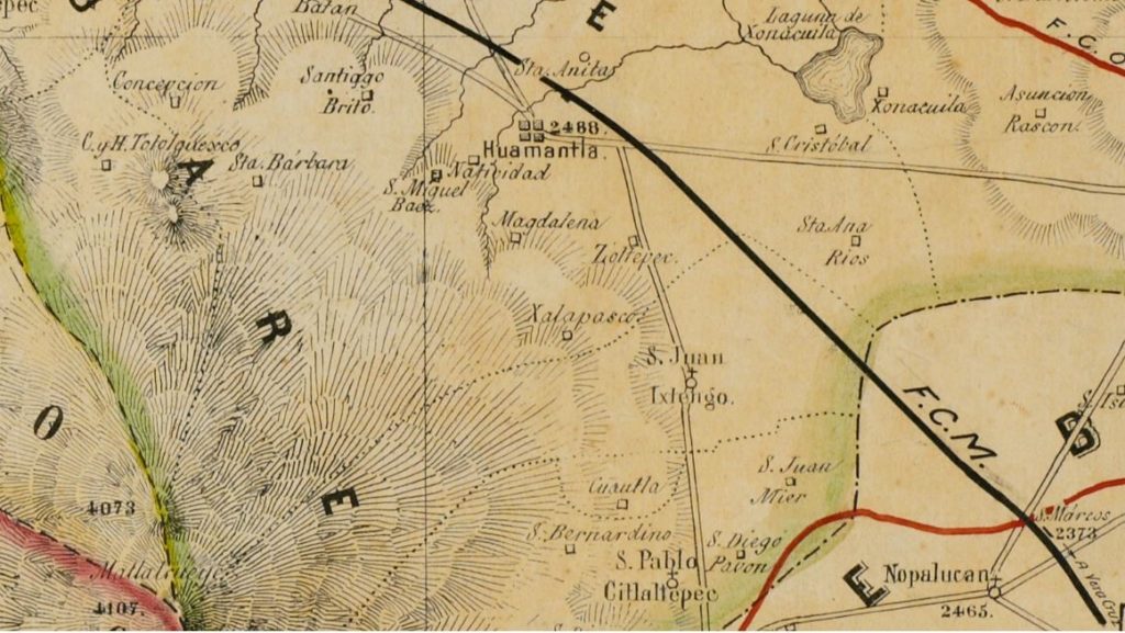 Carta del estado de Tlaxcala mandada a formar por su actual gobernador el Sr. D. Mariano Grajáles y delineado por Pascual Almazán, 1881. (fragmento) Fondo Ferrocarril Mexicano, núm. 5156. CEDIF, CNPPF, Secretaría de Cultura.