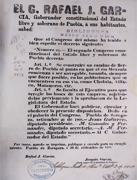 Decreto para la construcción del Ferrocarril Puebla- Izúcar de Matamoros