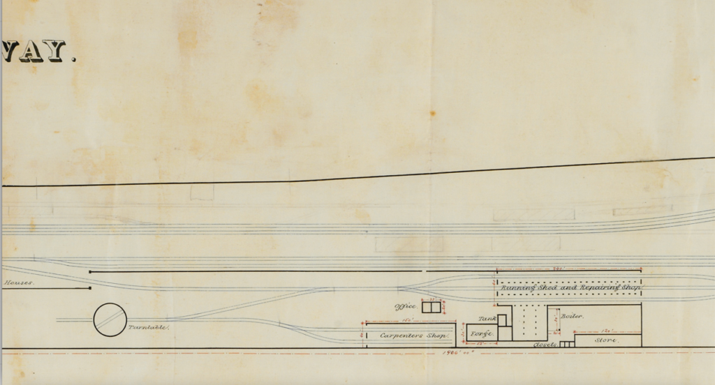 Detalle de plano 3. Elementos de la estación de Apizaco. De izquierda a derecha: casas de los trabajadores, rotonda, taller de carpintería, oficina, forja, tanque, depósito de máquinas, taller, boiler, closets, tienda.