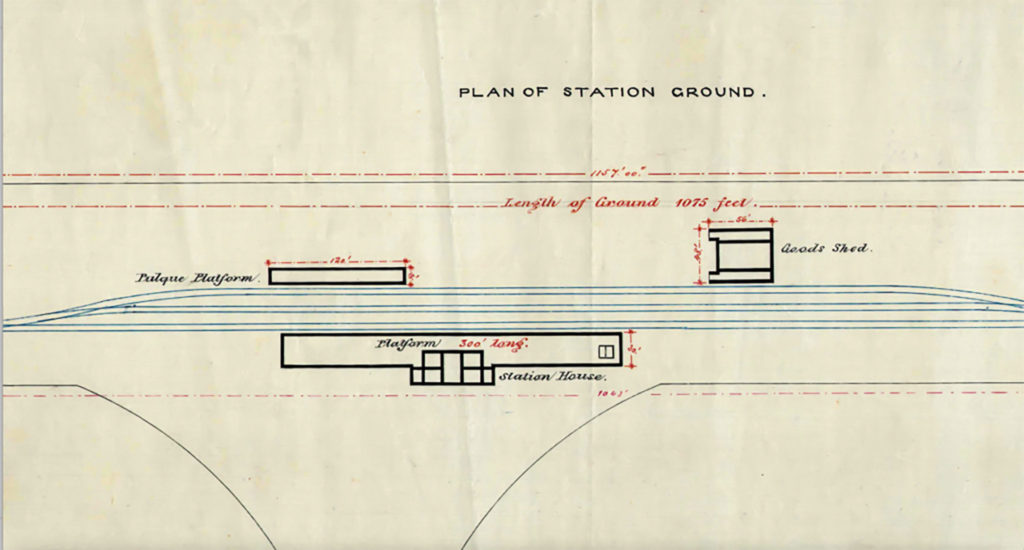 Detalle de plano 4. Elementos de la estación de Soltepec. De izquierda a derecha: plataforma de pulque, plataforma de pasajeros, edificio de pasajeros, almacén.