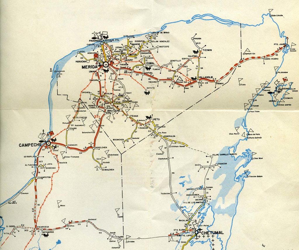 Secretaría de Comunicaciones y Obras Públicas, “Carta México Sureste 1957”, en Ferrocarril Campeche – Mérida. Vía ancha. 1907-1957. México. Talleres Gráficos de la Nación. 14 de mayo de 1957. CEDIF, CNPPCF, Secretaría de Cultura.